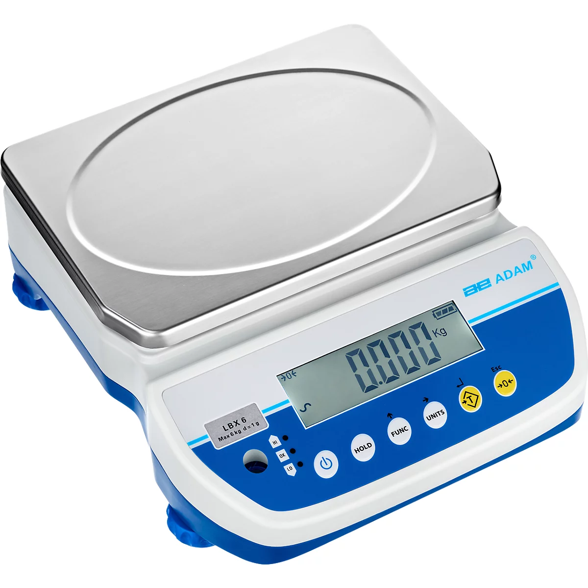 Tischwaage Adam Latitude LBX 6, Wägebereich 1 g-6 kg, LC-Display, Netzanschluss/Akku, B 255 x T 290 x H 105 mm, Edelstahl, weiß-blau