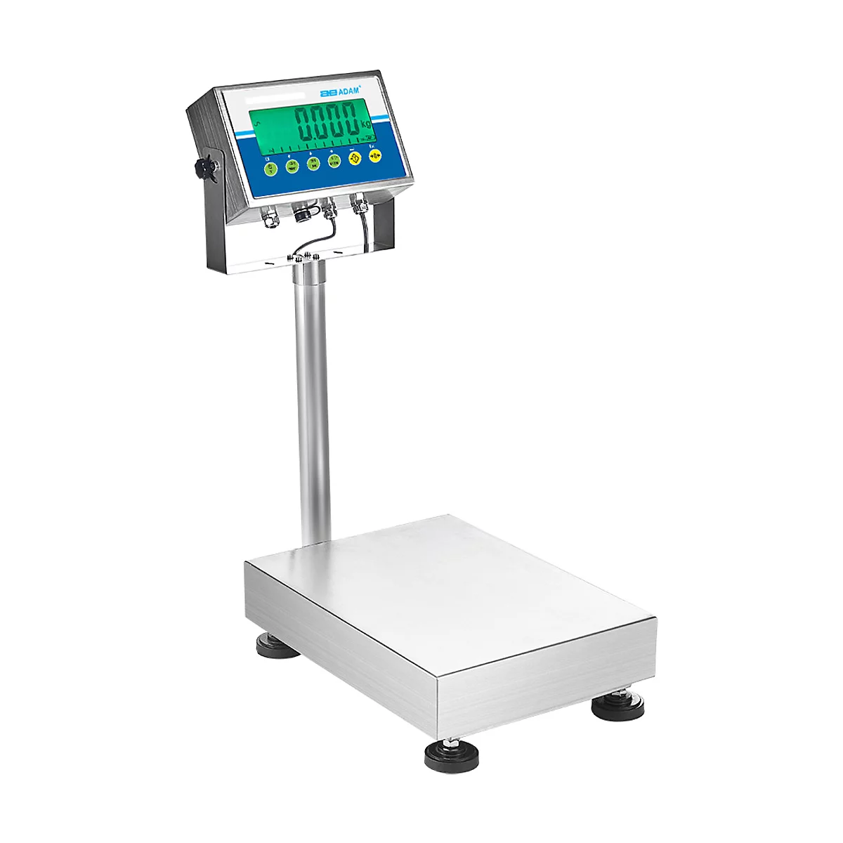 Eine digitale Industriewaage aus Metall mit Display zeigt 0.000 an.