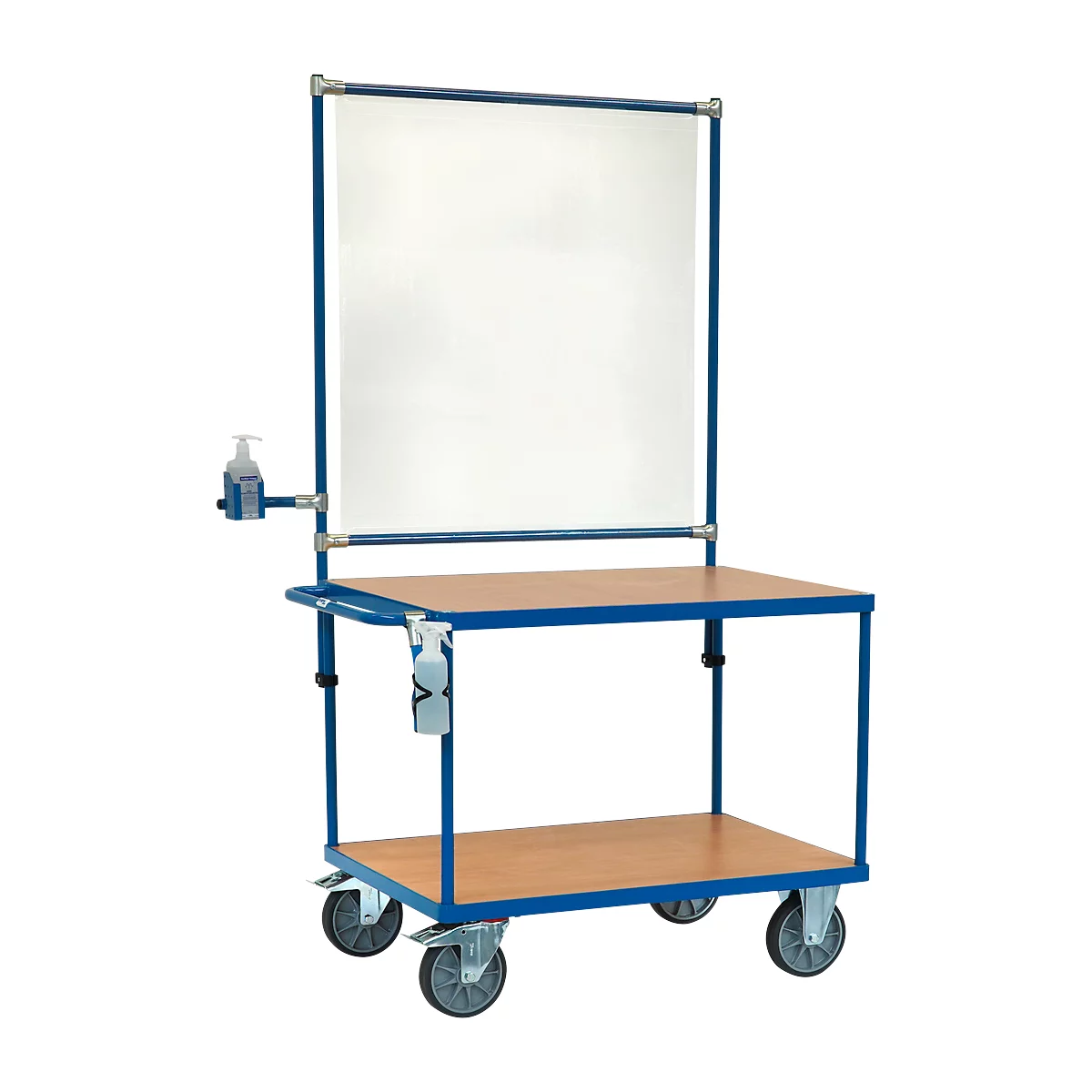 Behandlungs- oder Präsentationstisch mit Rollen, weißer Tafel und Halterung für Desinfektionsmittel. Blau-holzfarbene Konstruktion.