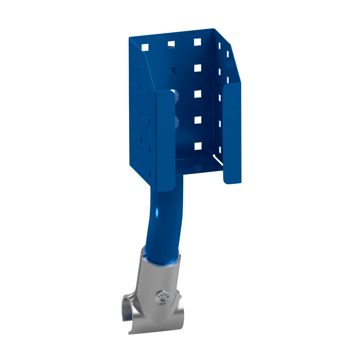 Blaues Metallteil, Halterung mit zylindrischem Ansatz.