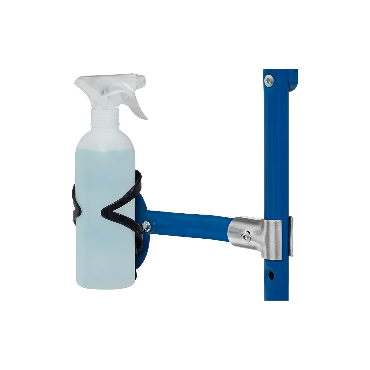 Halterung für eine Sprühflasche mit blauem Gestell, in dem eine weiße Flasche steht.
