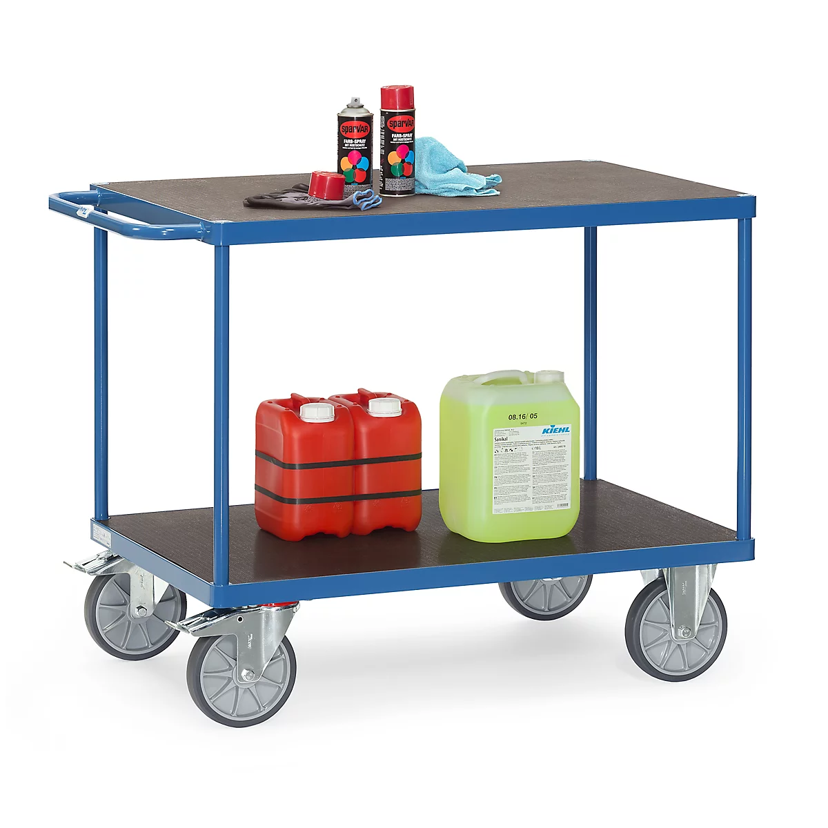 Tischwagen fetra®, 2 Etagen, Lenk- & Bockrollen, bis 600 kg, Ladeflächen Sperrholz mit L 1000 x B 700 mm