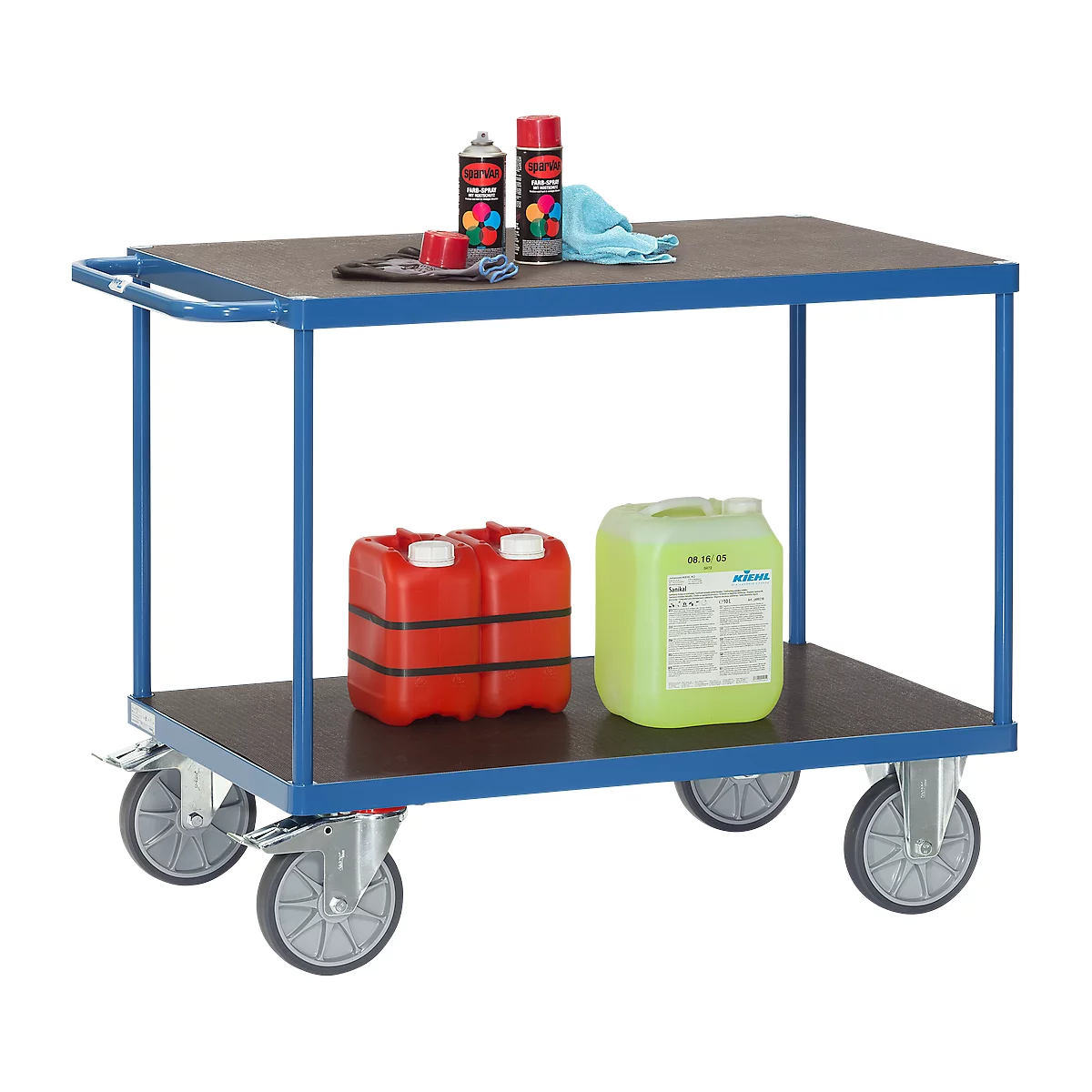Tischwagen fetra®, 2 Etagen, Lenk- & Bockrollen, bis 600 kg, Ladeflächen Sperrholz mit L 1200 x B 800 mm