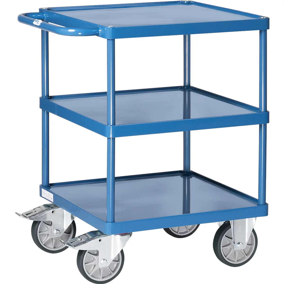 Tischwagen Fetra 2416W, bis 500 kg, 3 Etagen mit Wannen, Ladefläche L 600 x B 600 mm, TPE-Bereifung, Schiebegriff, Stahl, brillantblau
