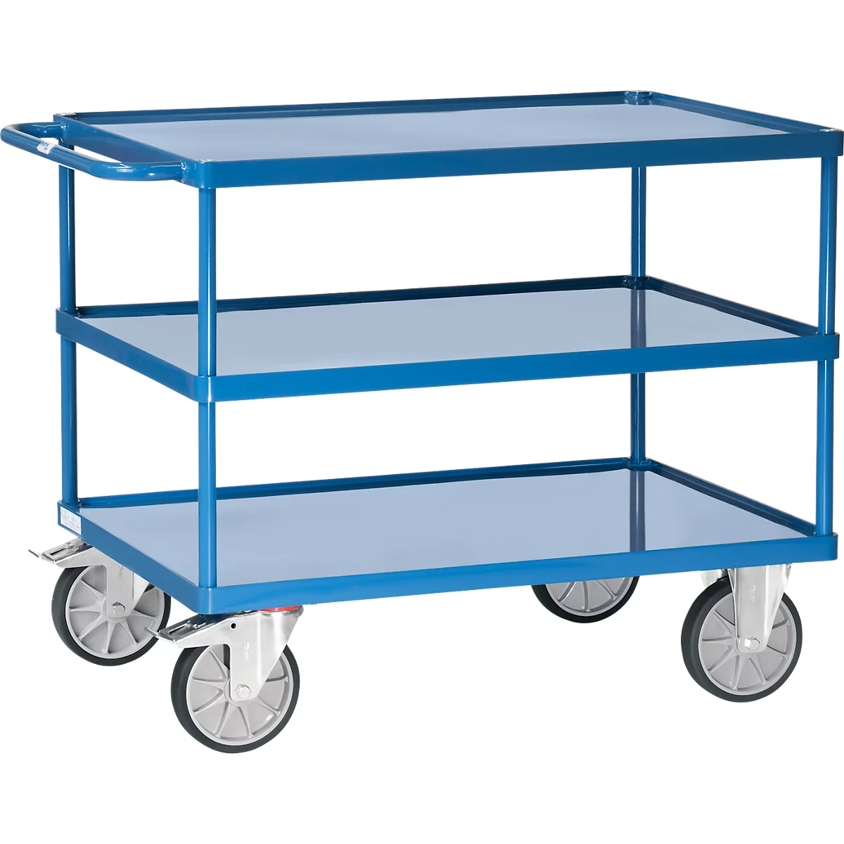 Tischwagen Fetra 2423W, bis 600 kg, 3 Etagen mit Wannen, Ladefläche L 1200 x B 800 mm, TPE-Bereifung, Schiebegriff, Stahl, brillantblau