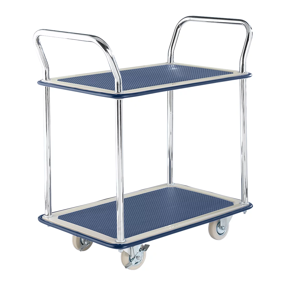 Tischwagen NB-104, 2 Etagen, L 790 x B 480 mm, bis 120 kg, blau, Vollgummi-Bereifung, Stahl verchromt