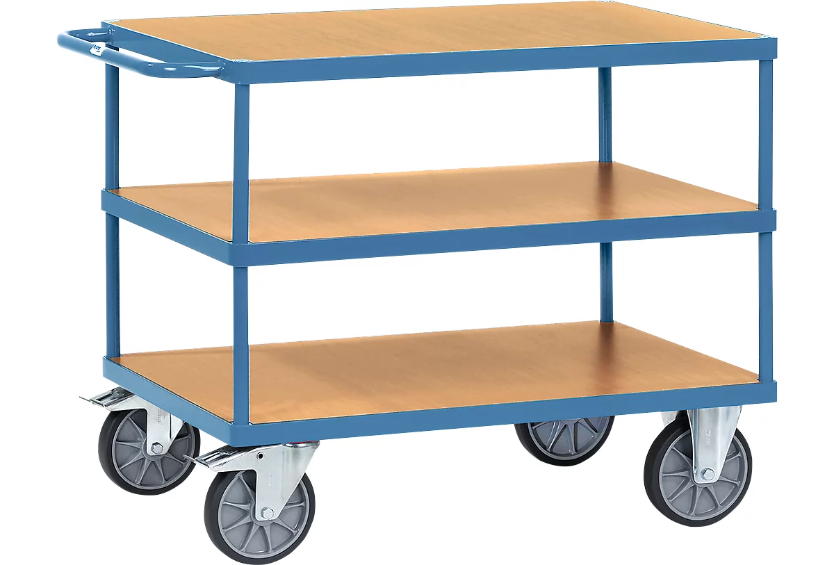 Tischwagen, schwer, 3 Etagen, 1000 x 700 mm, bis 500/600 kg, Stahl/Holz, blau/buche