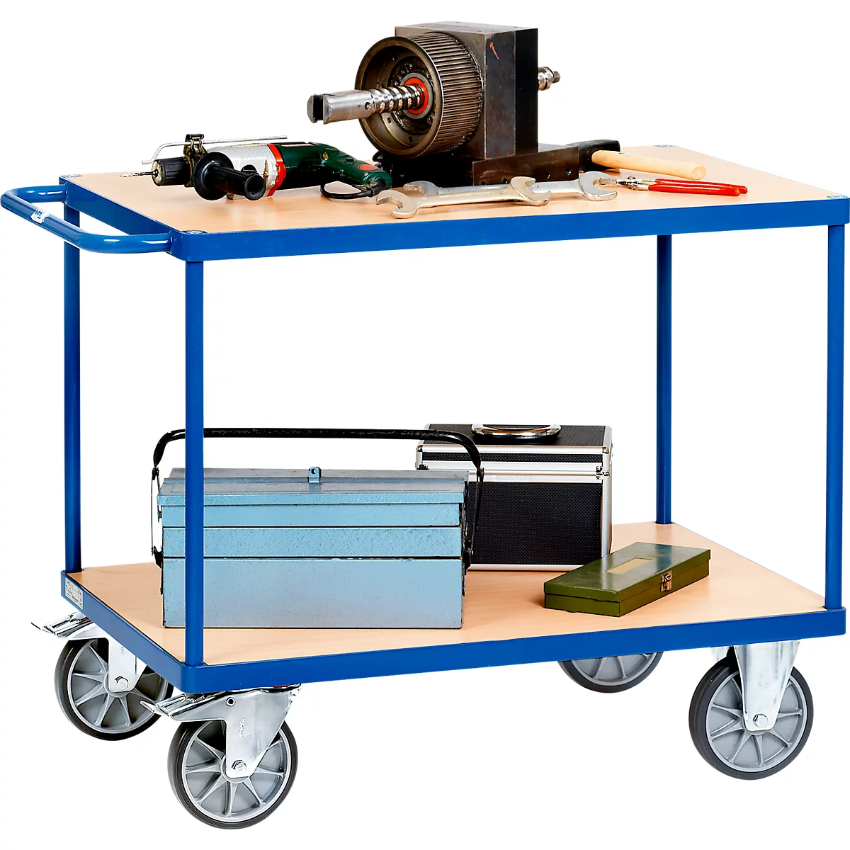 Tischwagen, Stahl/Holz, 2 Etagen, L 850 x B 500 mm, bis 500 kg, brillantblau/Buchedekor