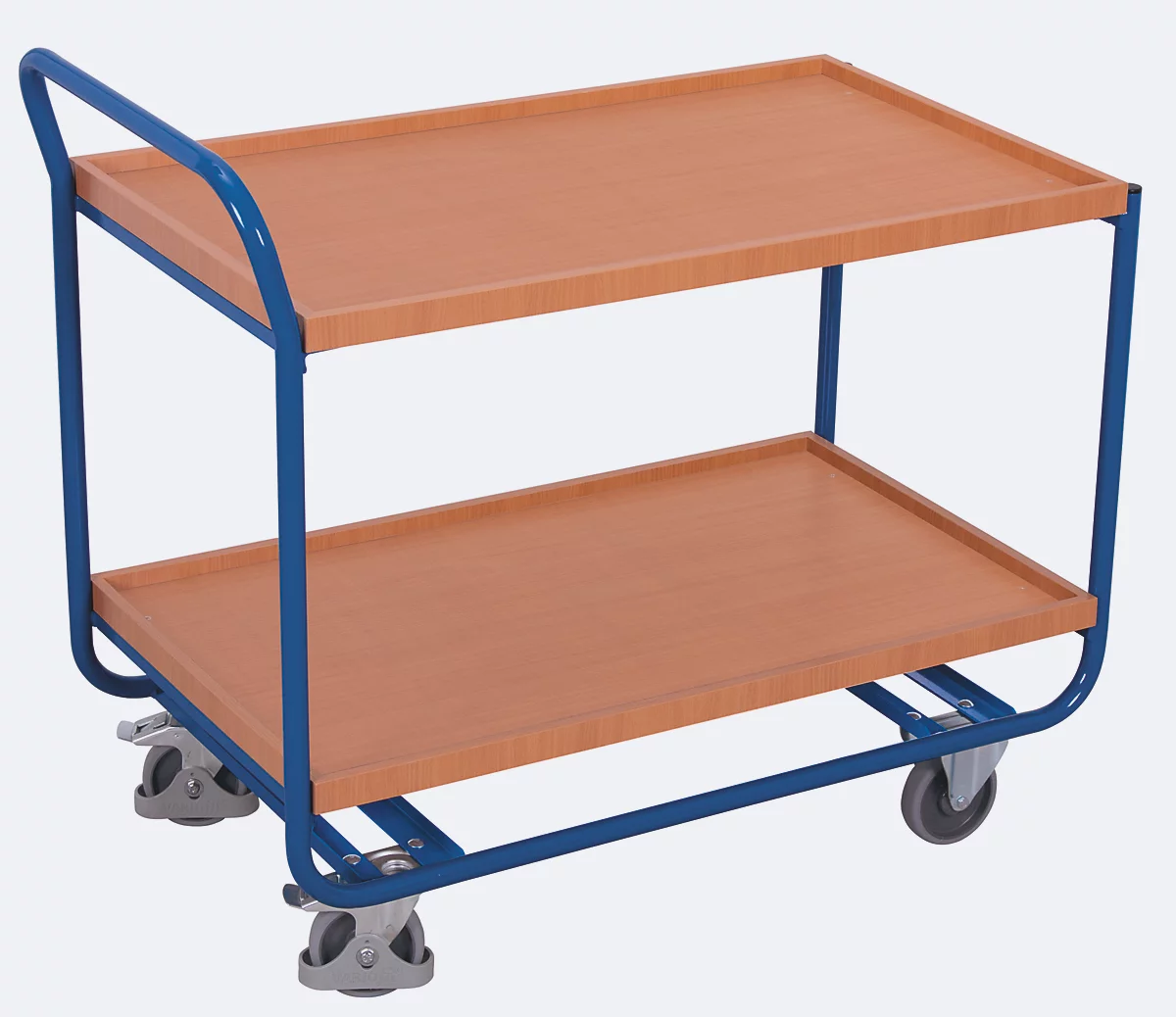 Tischwagen, Stahl/MDF-Platte, Enzianblau/Buche-Dekor, 2 Etagen, L 970 x B 570 mm, TPE-Rollen mit Feststellbremse, bis 200 kg
