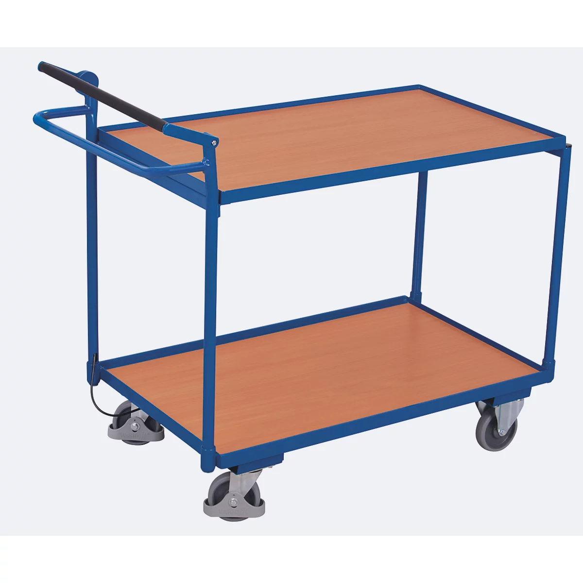 Tischwagen, Stahl/MDF-Platte, Enzianblau/Buche-Dekor, 2 Etagen, L 985 x B 605 mm, Rohrschiebegriff, TPE-Rollen mit Totmannbremse, bis 250 kg