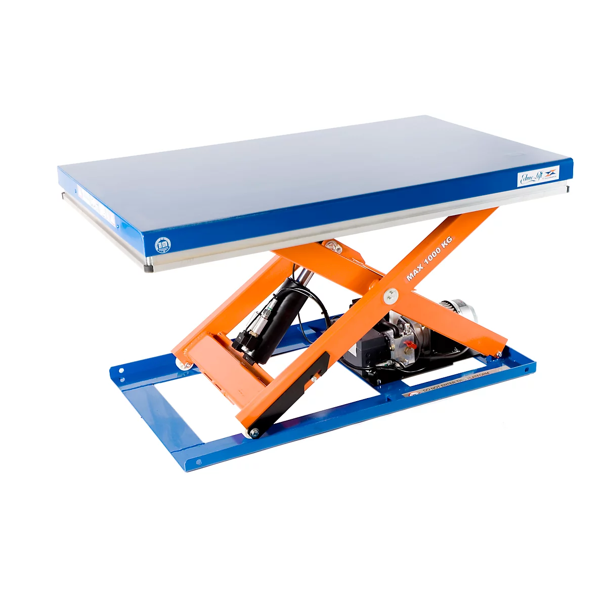 Lifting table in blue, orange and silver. Labelled: Max 1000 kg.