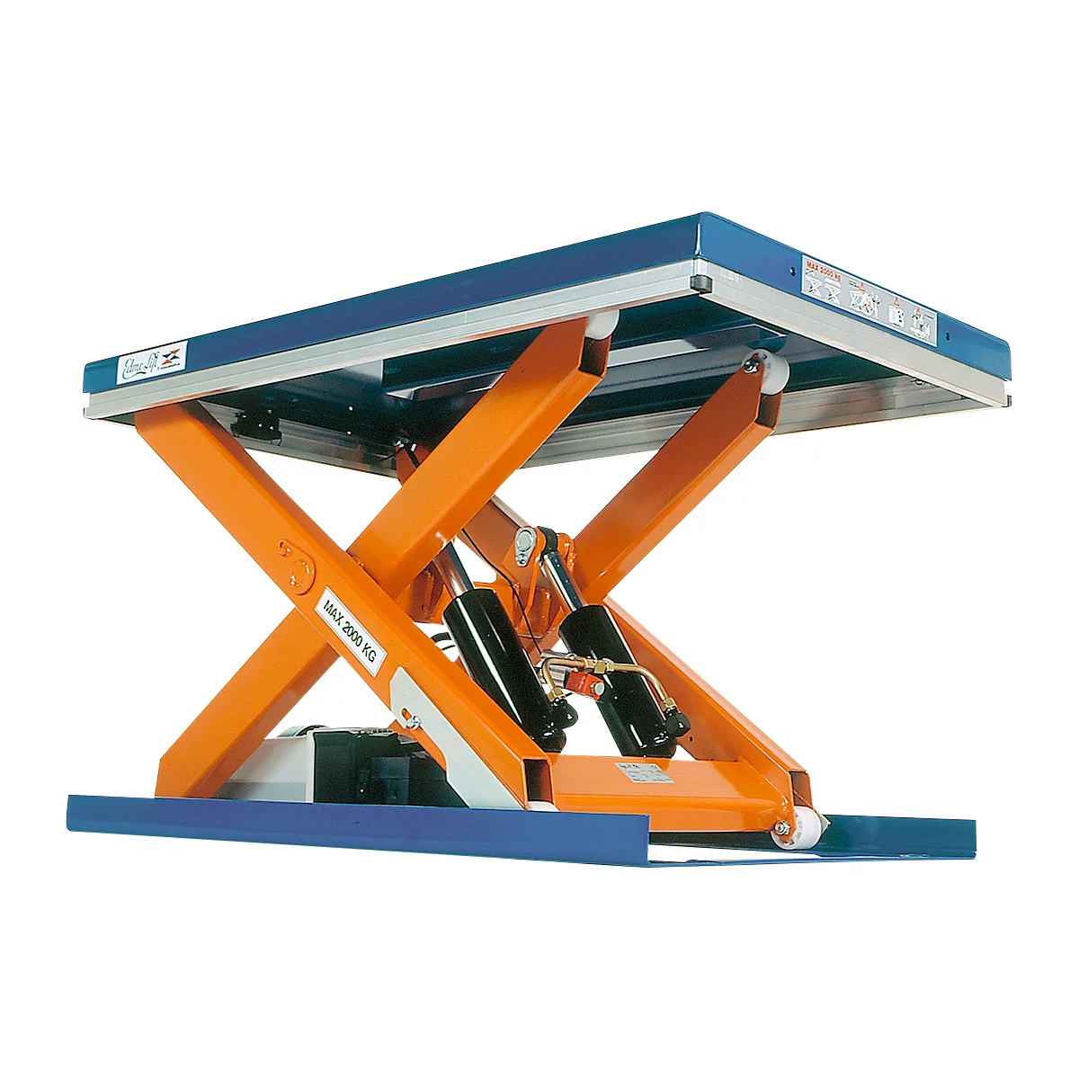 Orange and blue scissor lift, details of the scissor mechanism visible.