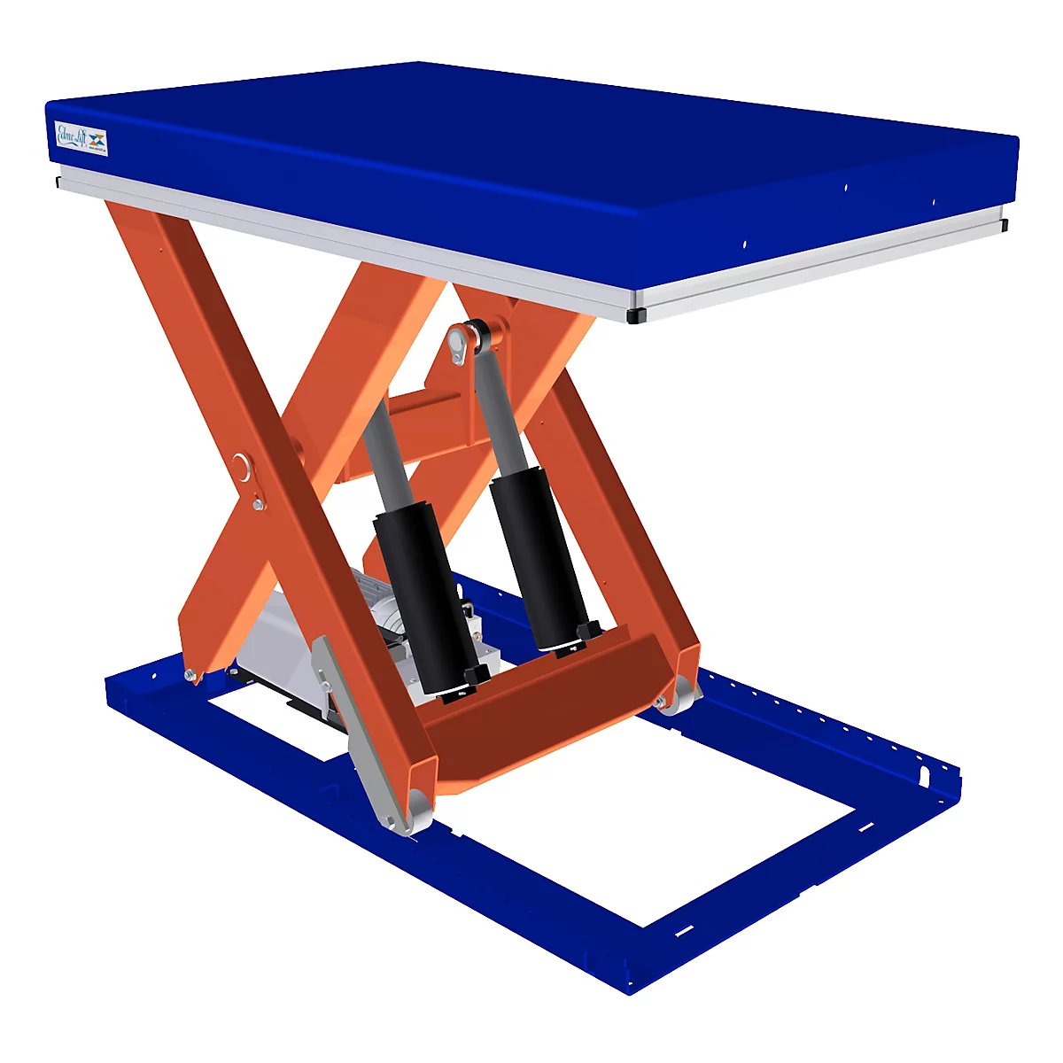 Blue and orange scissor lift. Upper platform, scissor mechanism, frame.