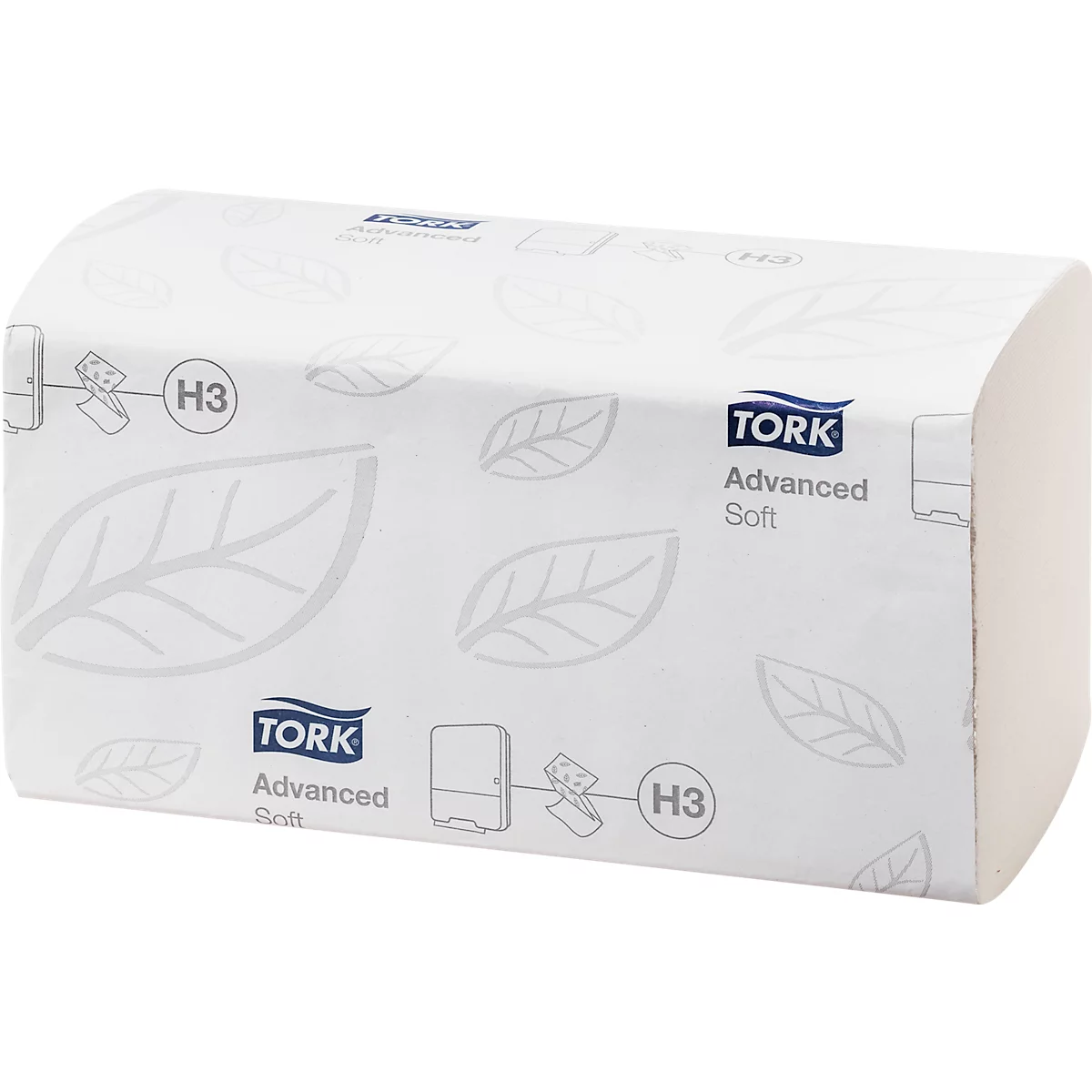 Paquete de toallas de papel blancas con el logotipo de Tork Advanced Soft y hojas, símbolo H3.