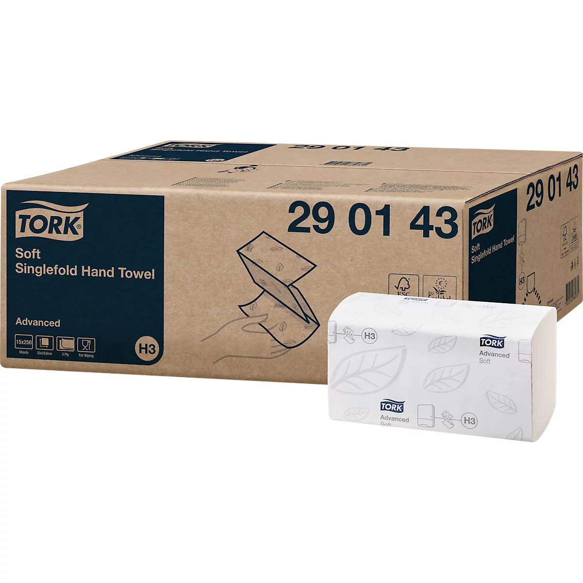 Embalaje de toallas de papel y caja individual de Tork. Impresión: 'Soft Singlefold Hand Towel' y '29 01 43'.