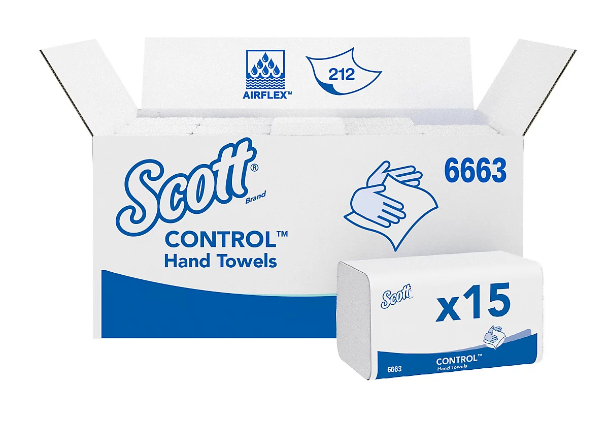 Toallas Scott®-Performence Interfold 6663, plegado en V, 15 paquetes á 212 toallas de papel, total 3180 toallas, blanco