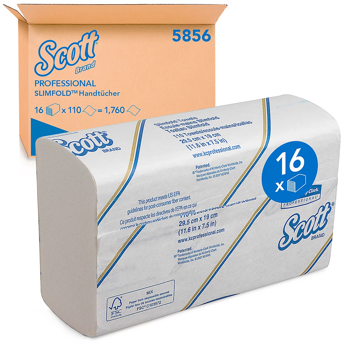Un paquete de toallas Slimfold y una caja de las mismas. Impresiones: Scott, Professional, SLIMFOLD Handtücher, 16 x 110 = 1760.