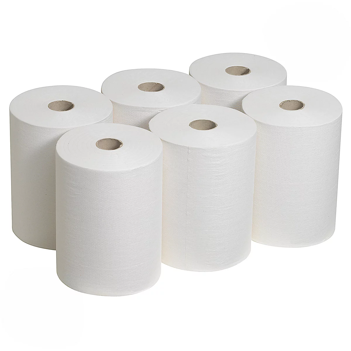 Siete rollos de papel blanco sobre un fondo blanco. Cada rollo tiene un agujero en el centro.