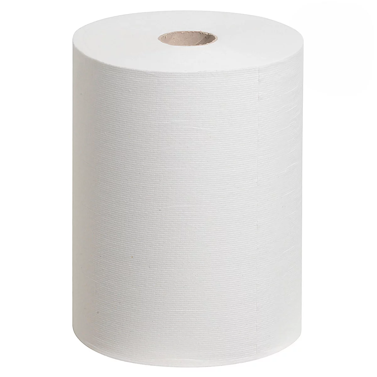 Rollo cilíndrico de papel de cocina, blanco, con un agujero marrón en el centro.