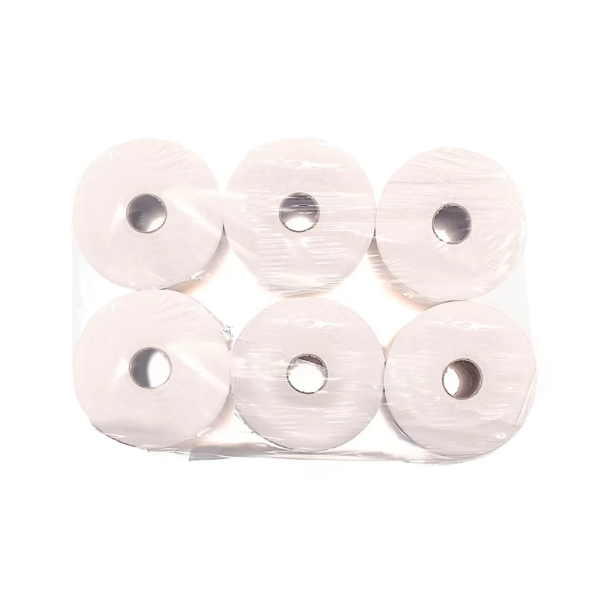 Seis rollos de papel higiénico envueltos en plástico. Cada rollo tiene un agujero en el centro.