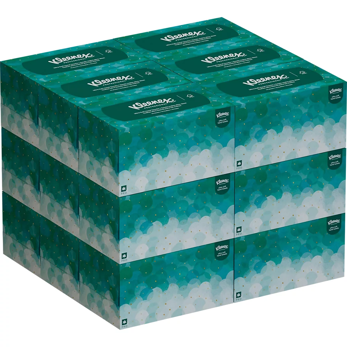 Seis paquetes de pañuelos Kleenex, apilados en tres filas. Los paquetes son verdes con patrones de nubes blancas y el logo de Kleenex.