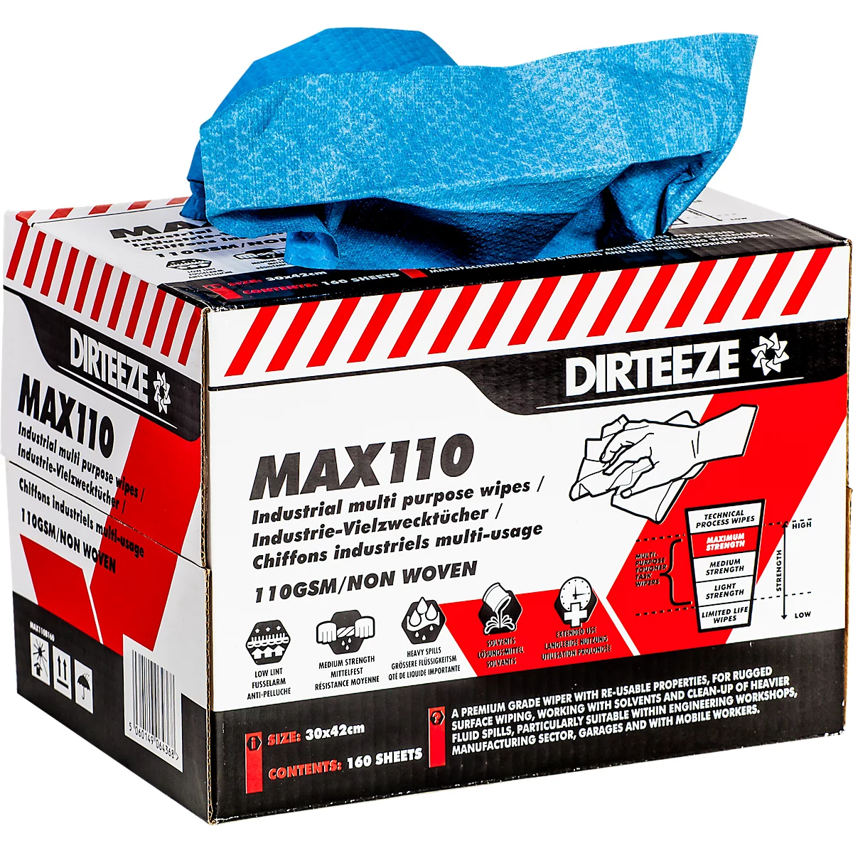 Toallitas industriales no tejidas MAX110, 100 g/m², ultra absorbentes, resistentes a la tensión y a la abrasión, L 300 x W 420 mm, 160 piezas