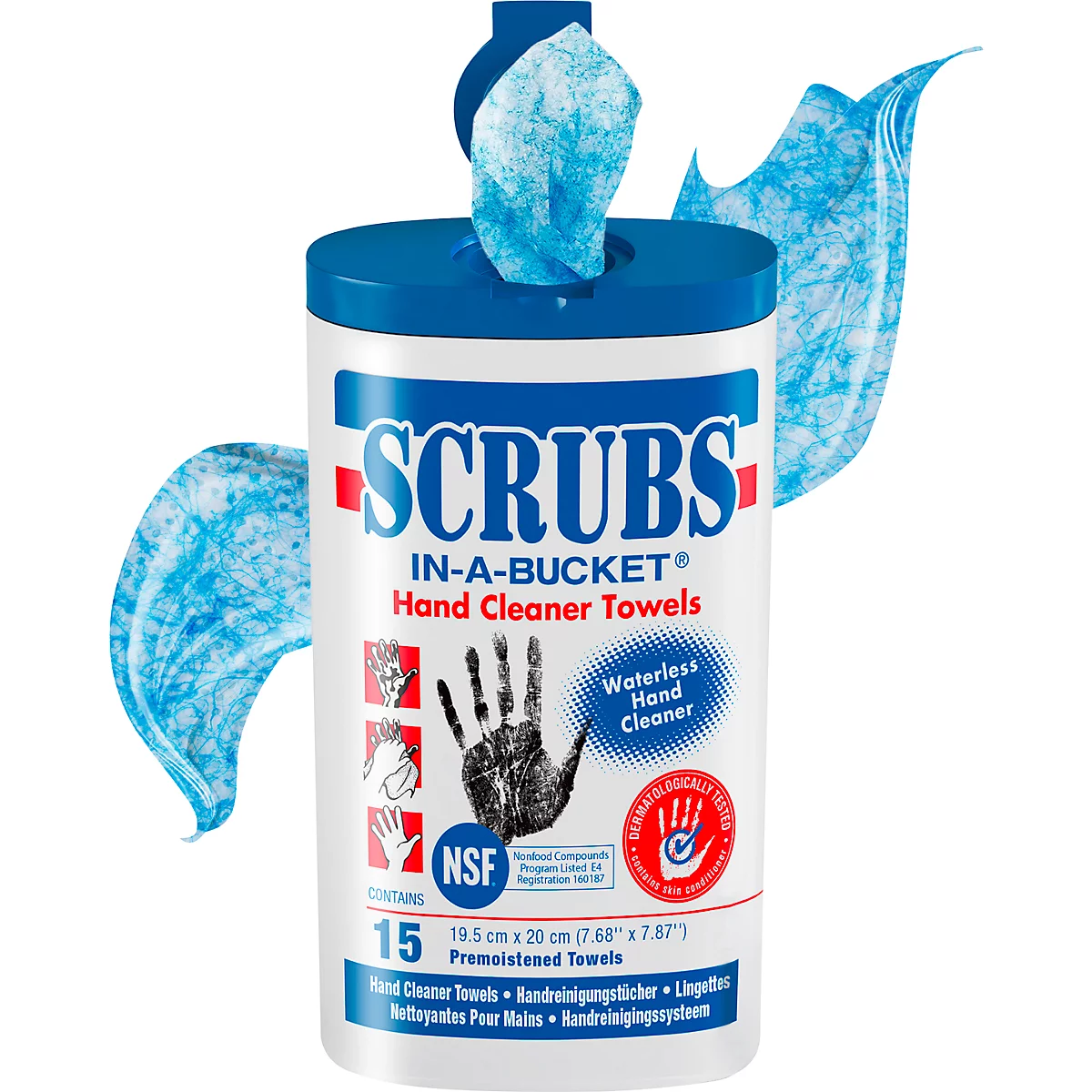 Un bote de toallitas limpiadoras de manos SCRUBS con toallitas azules saliendo. Inscripción: IN-A-BUCKET, Limpiador de manos sin agua, 15 toallitas.