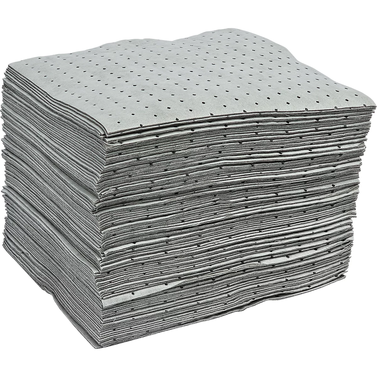 Una pila de esteras absorbentes grises y rectangulares con pequeños puntos oscuros, sobre una superficie blanca.