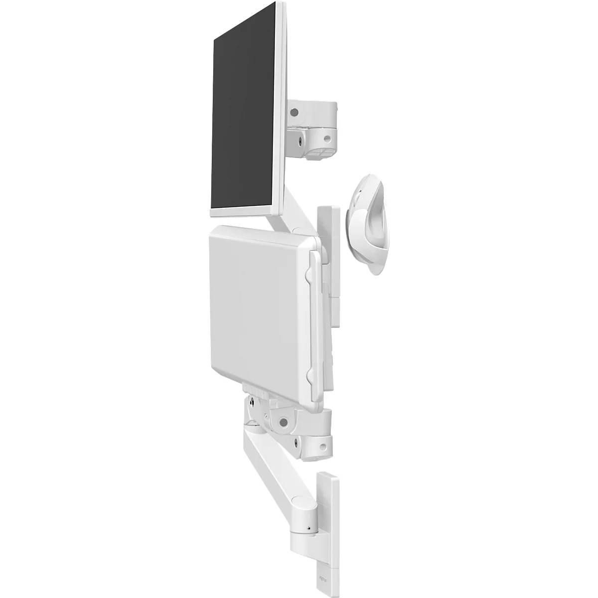 Witte monitorbeugel met monitor. De houder is aan de muur bevestigd en kan in verschillende richtingen worden bewogen.