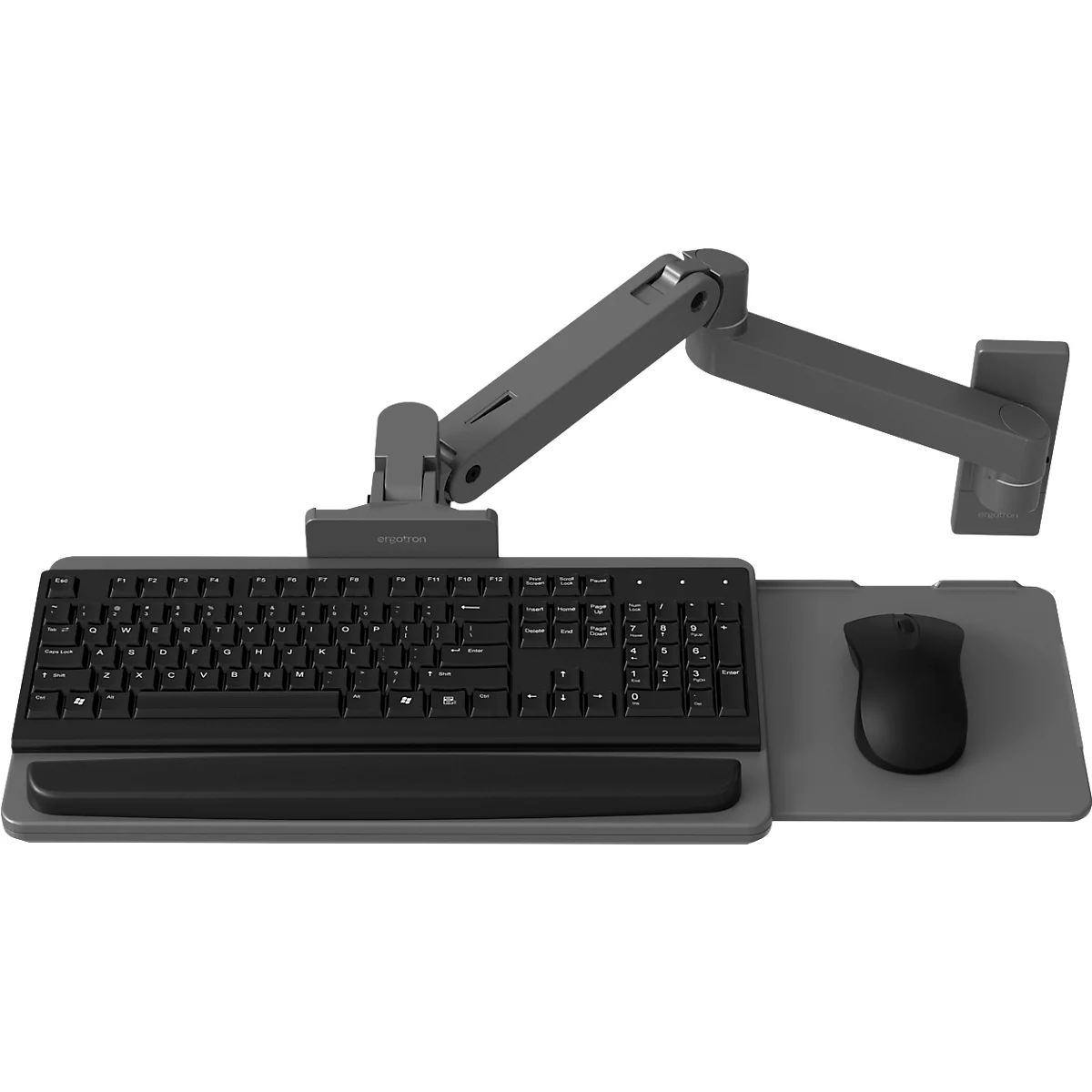 Ergonomische toetsenbordset met arm. Zwart toetsenbord met polssteun en muismat. Grijze arm voor bevestiging.