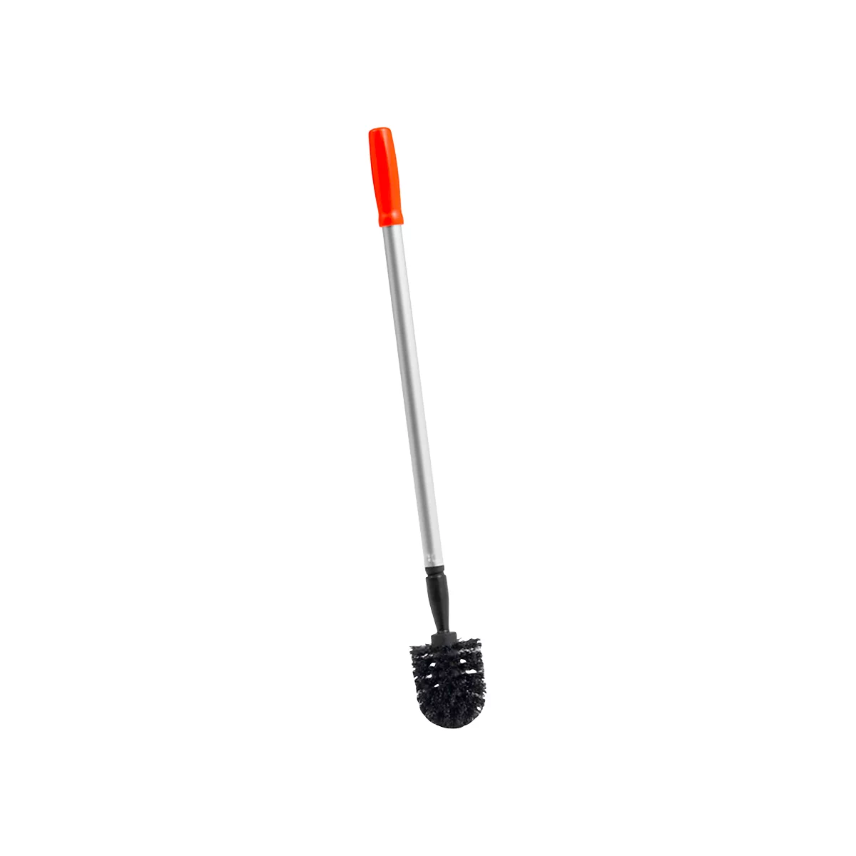 Toilet brush with black brush head, silver handle and red grip.