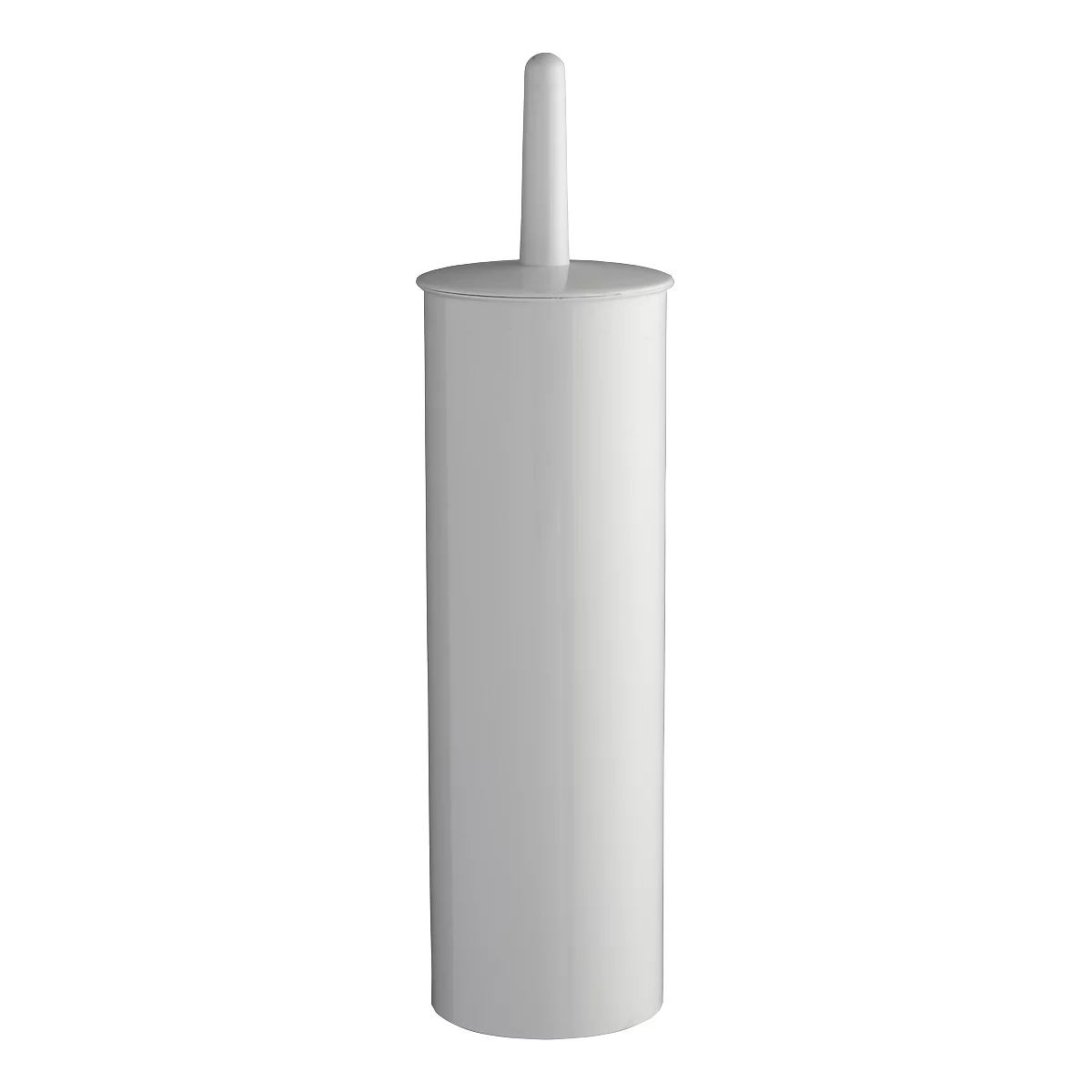 Gray toilet brush in a cylindrical container. The brush has a handle.
