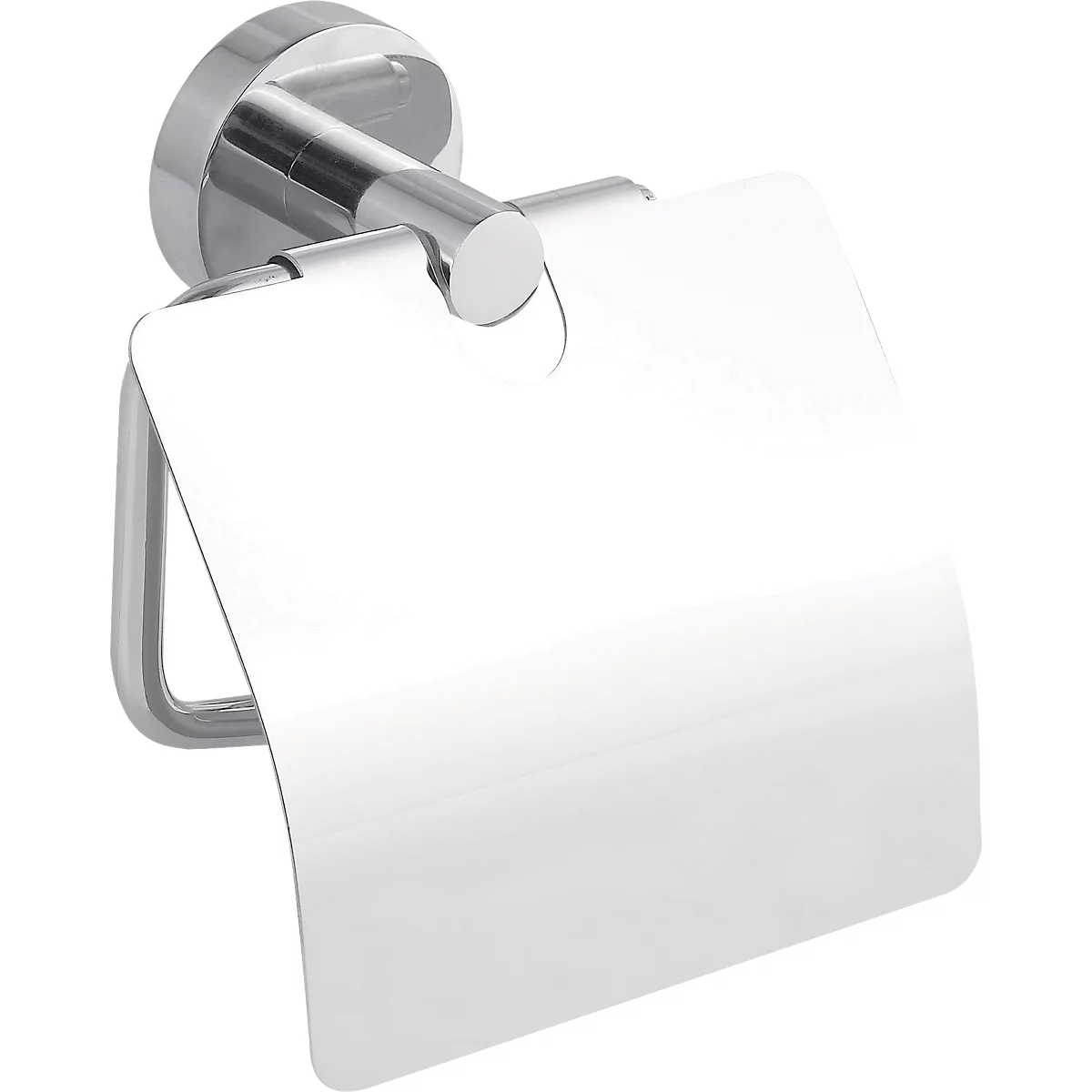 Chrome toilet paper holder with smooth, rounded cover. On a white background.