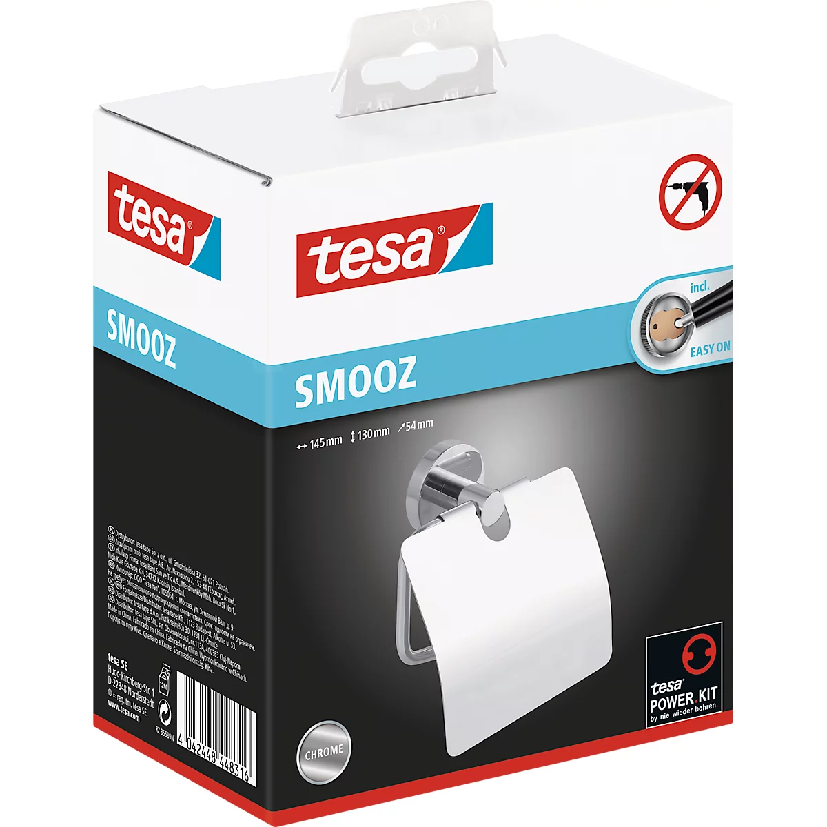 Product packaging of Tesa Smooz, chrome toilet paper holder with white cover.