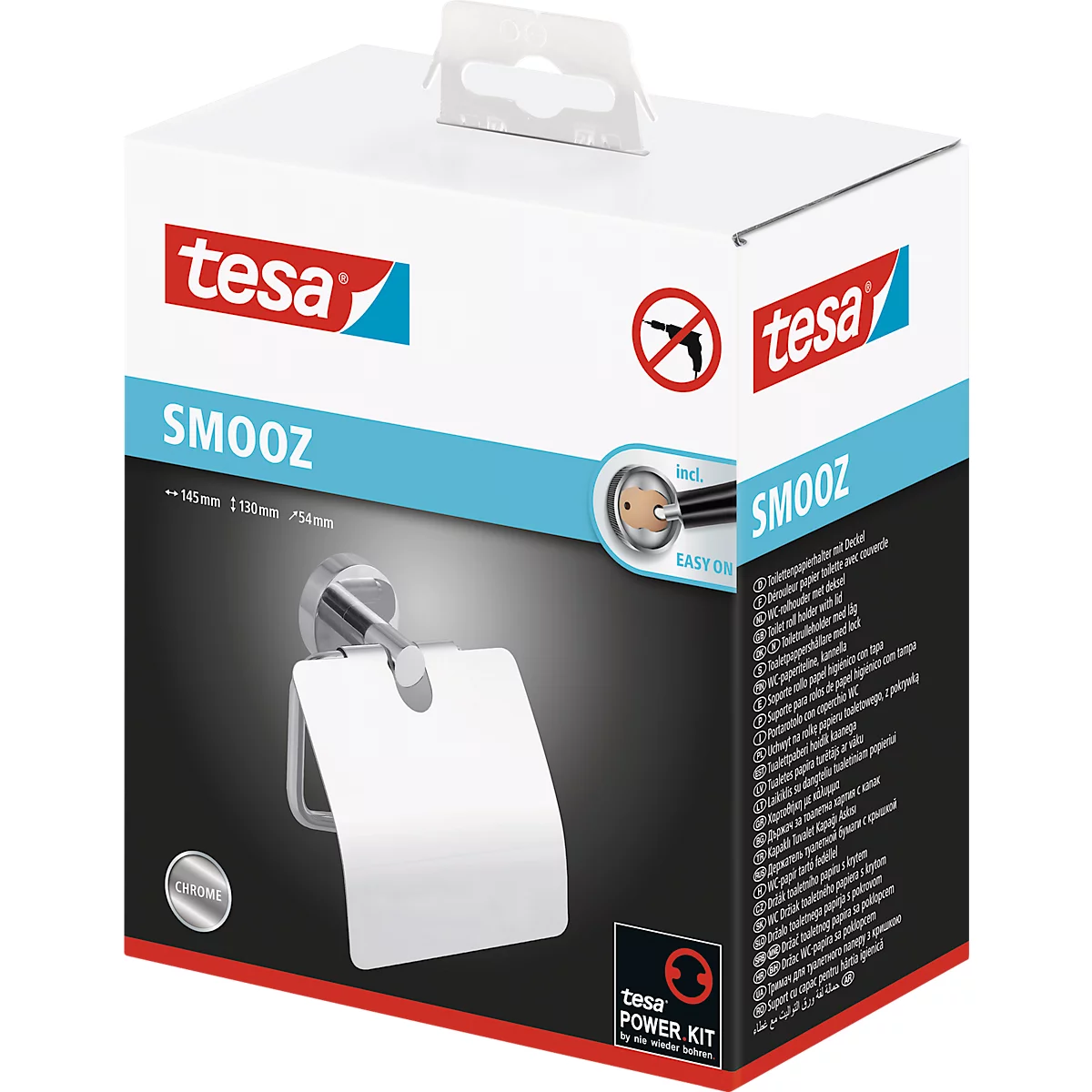 Tesa Smooz product packaging, with a silver toilet paper holder.