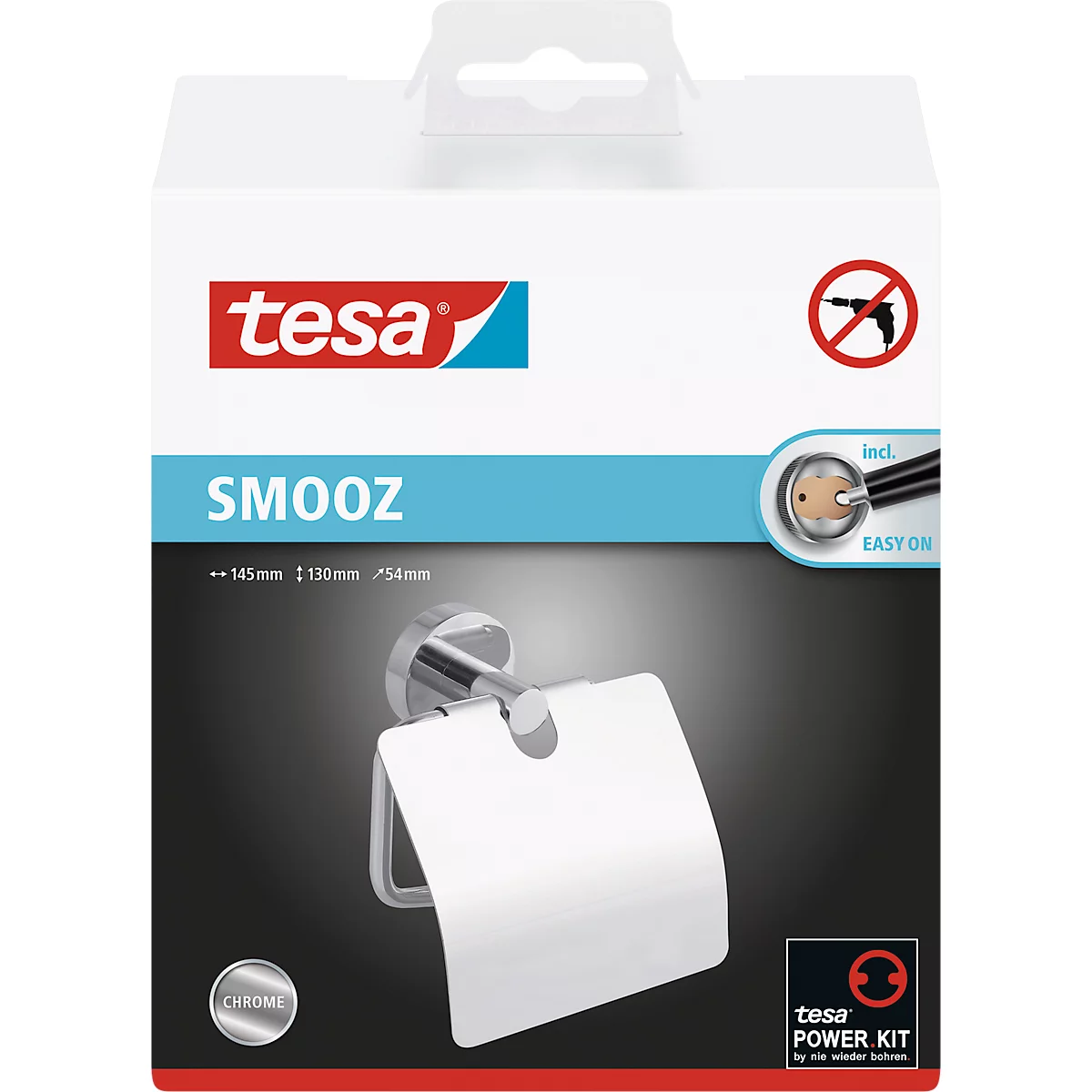 Packaging of a chrome toilet paper holder from the brand "Tesa", with product name "SMOOZ".