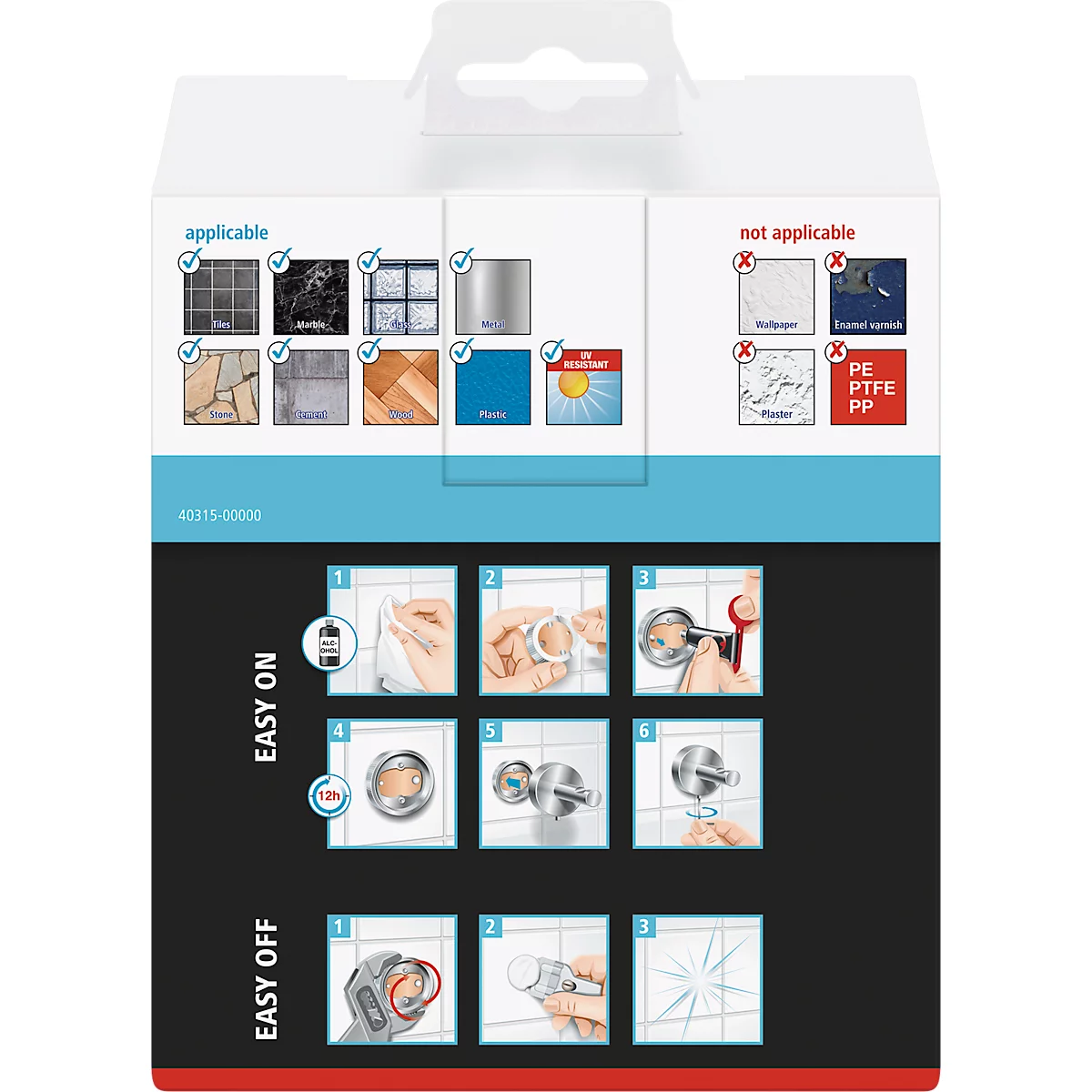Packaging with product images and instructions for assembly and disassembly. Applicable on different surfaces, unsuitable for others.