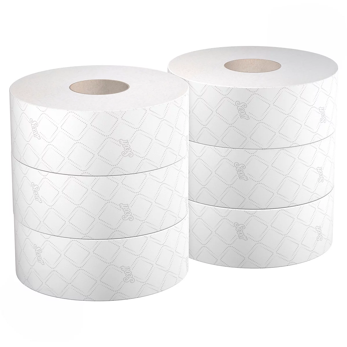 Twee torens van toiletpapierrollen, wit, met subtiel patroon, op een witte achtergrond.