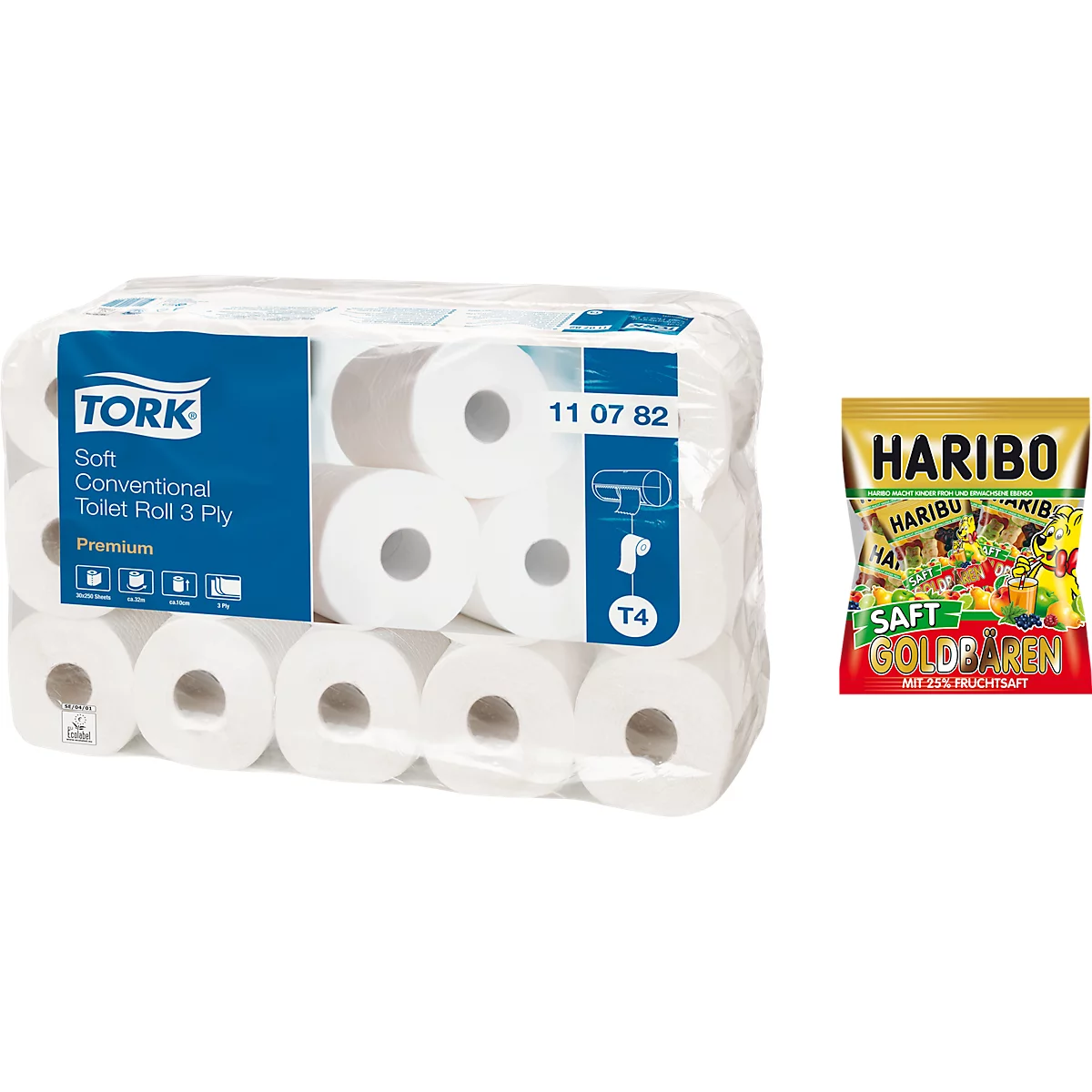 Pakje toiletpapier en een zakje gummyberen. Beide producten worden afgebeeld tegen een witte achtergrond.