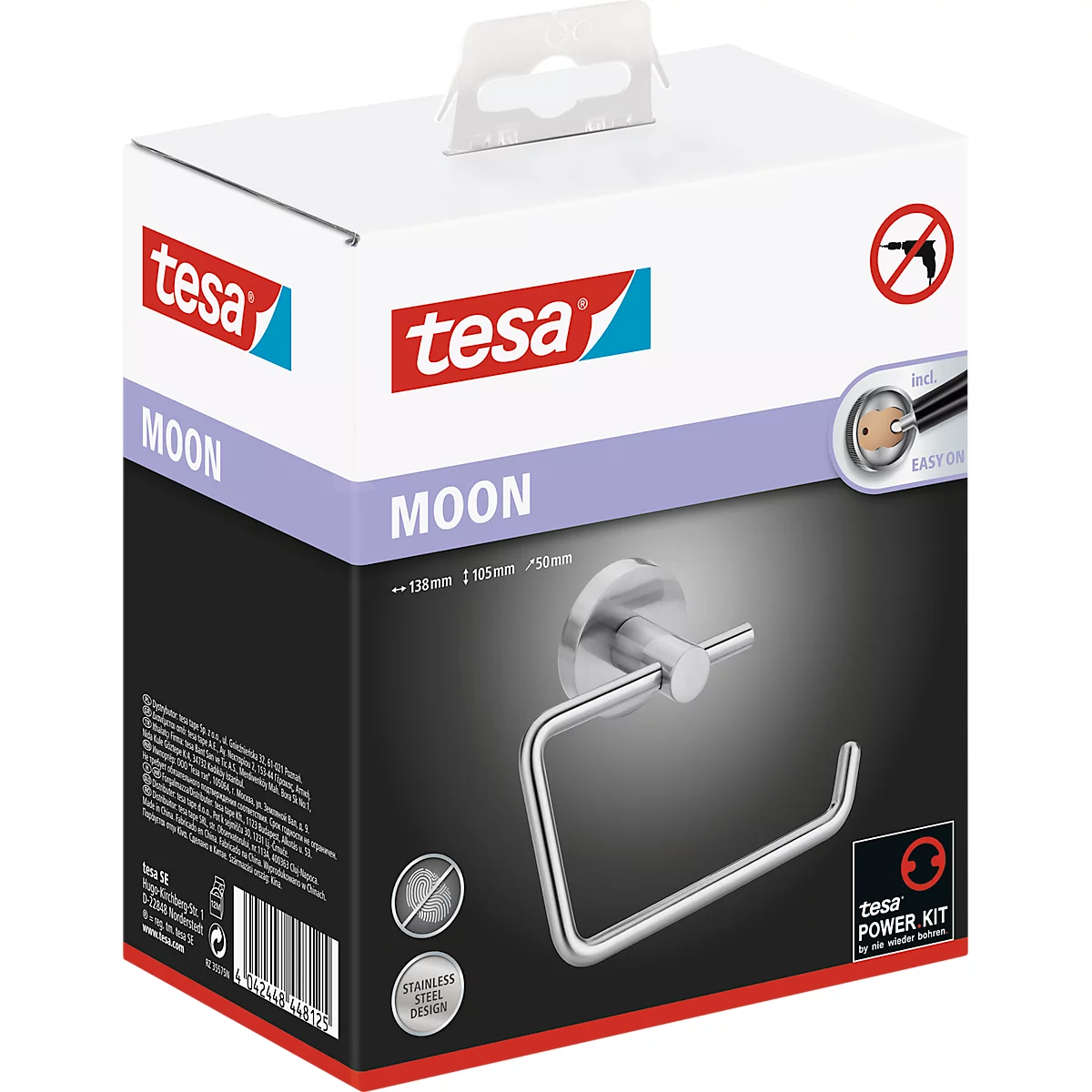 Toiletpapierhouder tesa Moon, bevestiging zonder boren, incl. kleefoplossing, verwijderbaar, roestvrijstalen look