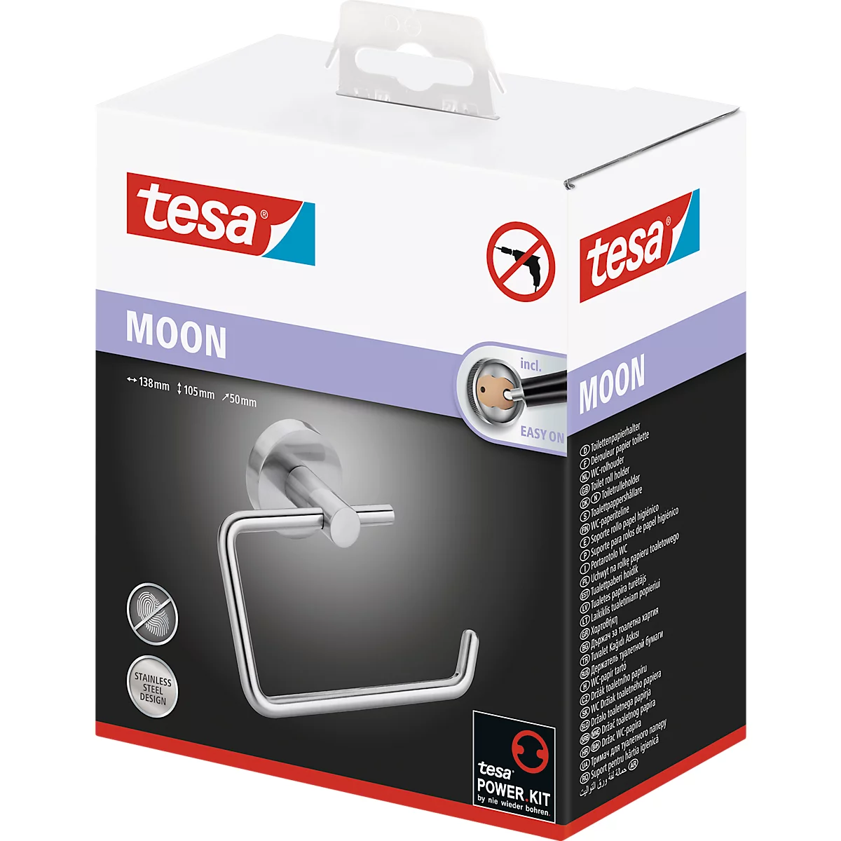 Toiletpapierhouder tesa Moon, bevestiging zonder boren, incl. kleefoplossing, verwijderbaar, roestvrijstalen look