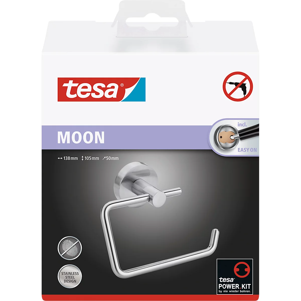 Toiletpapierhouder tesa Moon, bevestiging zonder boren, incl. kleefoplossing, verwijderbaar, roestvrijstalen look