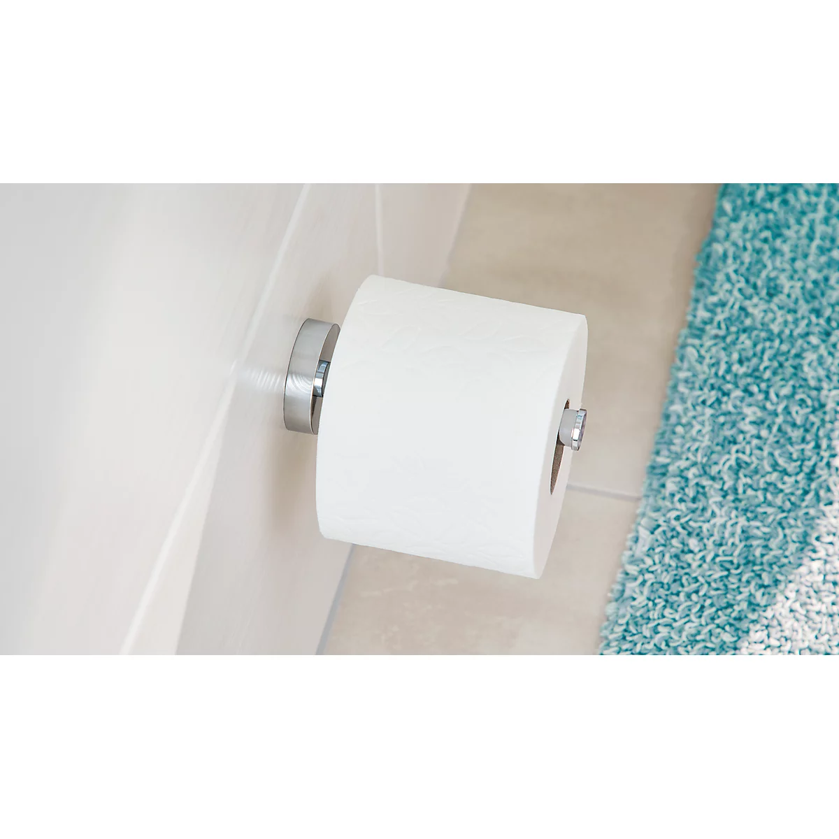 Toiletpapiervervangingsrolhouder tesa® SMOOZ, verchroomd, rond ontwerp, zonder boren, incl. lijmoplossing.