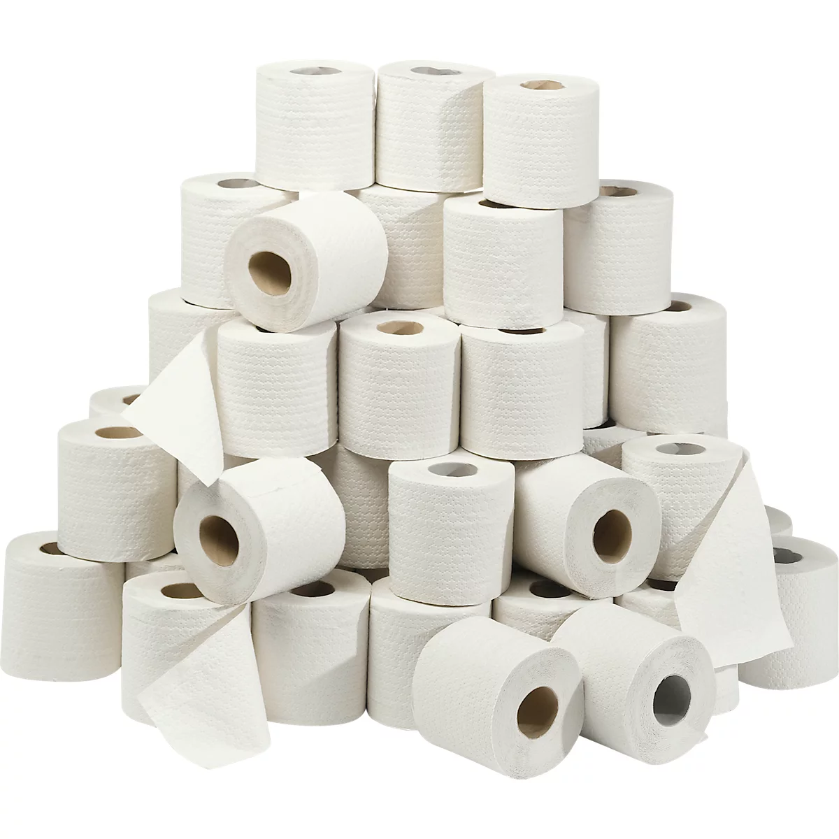 Ein Haufen weisser Toilettenpapierrollen. Einige Rollen sind mit abgerissenem Papier versehen.