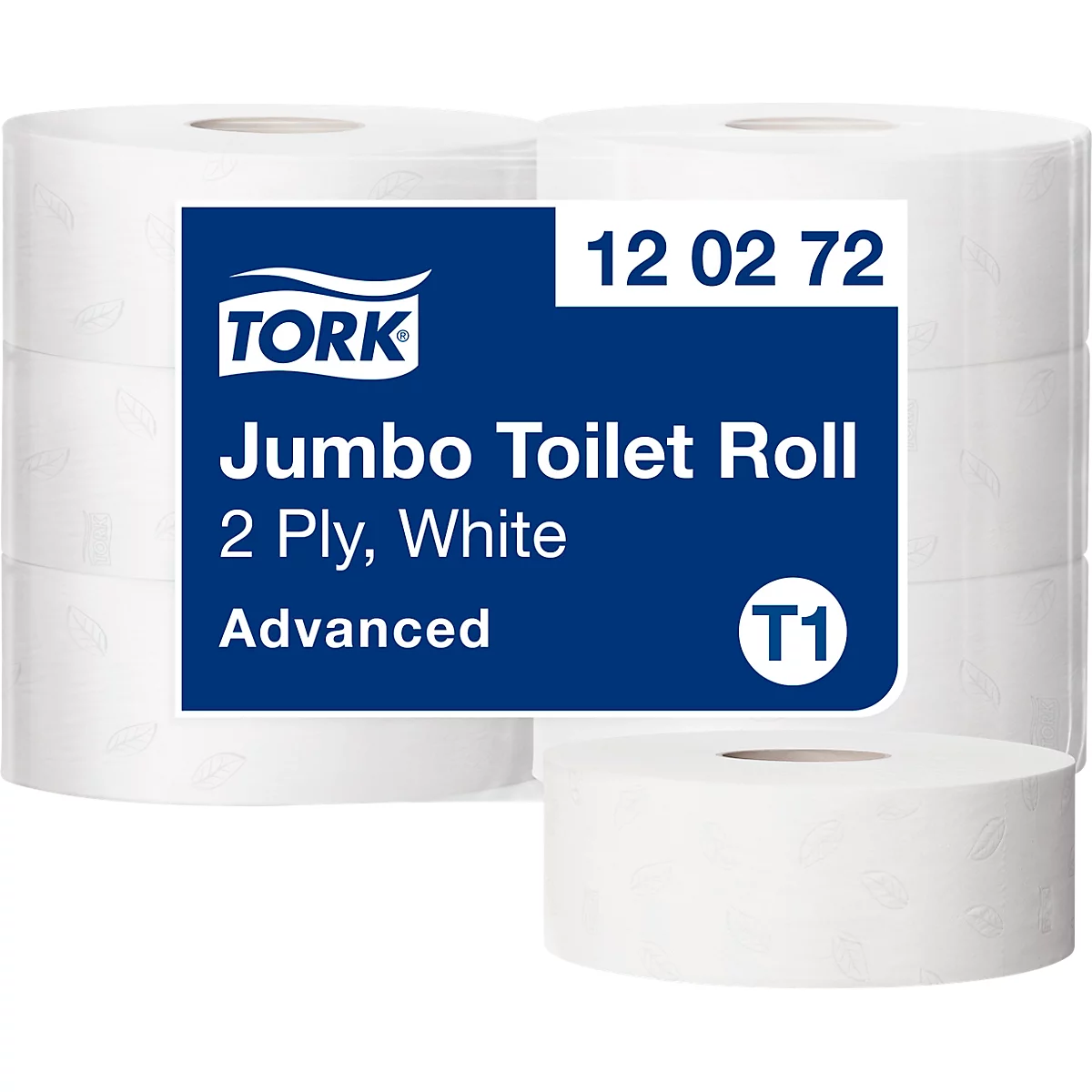 Mehrere weisse Jumbo-Toilettenpapierrollen; Auf der blauen rechteckigen Packung steht 'TORK', 'Jumbo-Toilettenpapier, 2-lagig, Weiss, Advanced'.