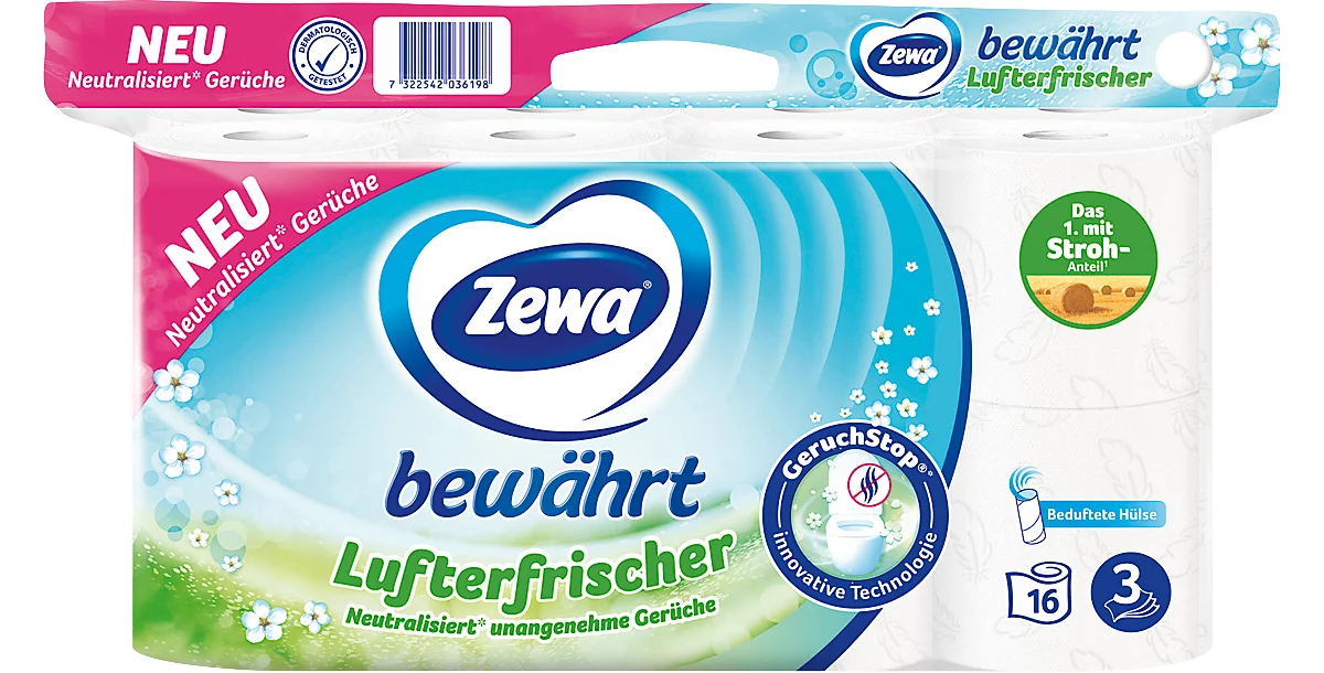 Toilettenpapier Zewa bewährt Lufterfrischer, 16 x 150 Blatt, 3-lagig, mit Tragegriff, recyclebare Verpackung