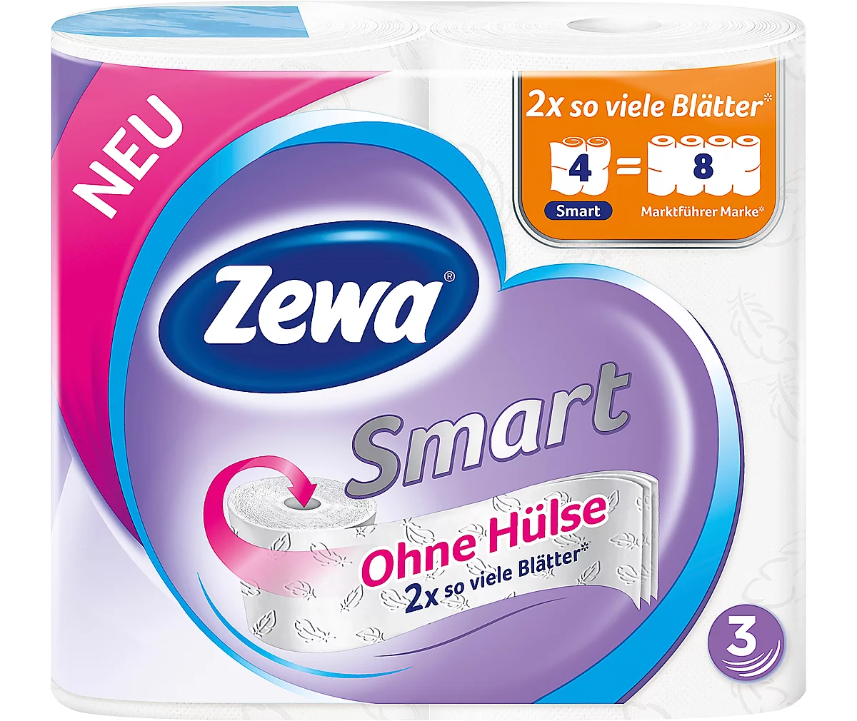 Toilettenpapier Zewa Smart, weiß, 3-lagig, 300 Blatt pro Rolle, 4 Rollen