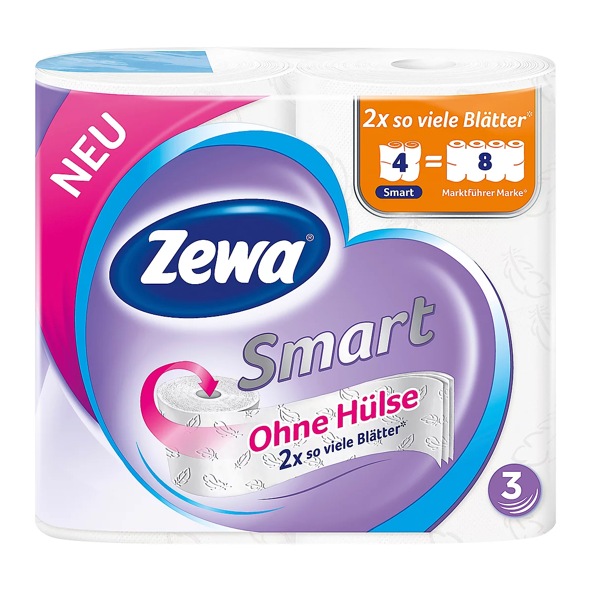 Toilettenpapier Zewa Smart, weiß, 3-lagig, 300 Blatt pro Rolle, 4 Rollen