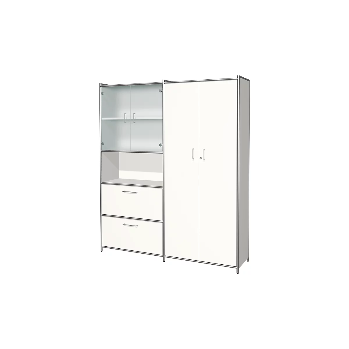 White office furniture with shelves, cabinet doors, and drawers. Metal frame.