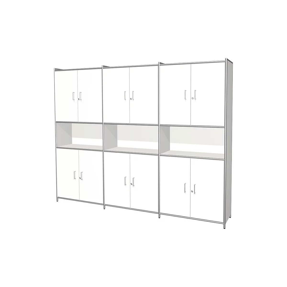 Three-part white cabinet with doors and open shelves. Cabinet has silver frames and handles.